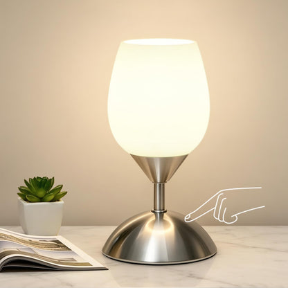 Chic Small Touch Lamp for Nightstands - 3-Way Dimmable Opal Glass Table Lamp with Silver Base - Perfect Ambient Lighting for Small Spaces in Bedroom, Living Room, and Office - E12 LED Bulb Included