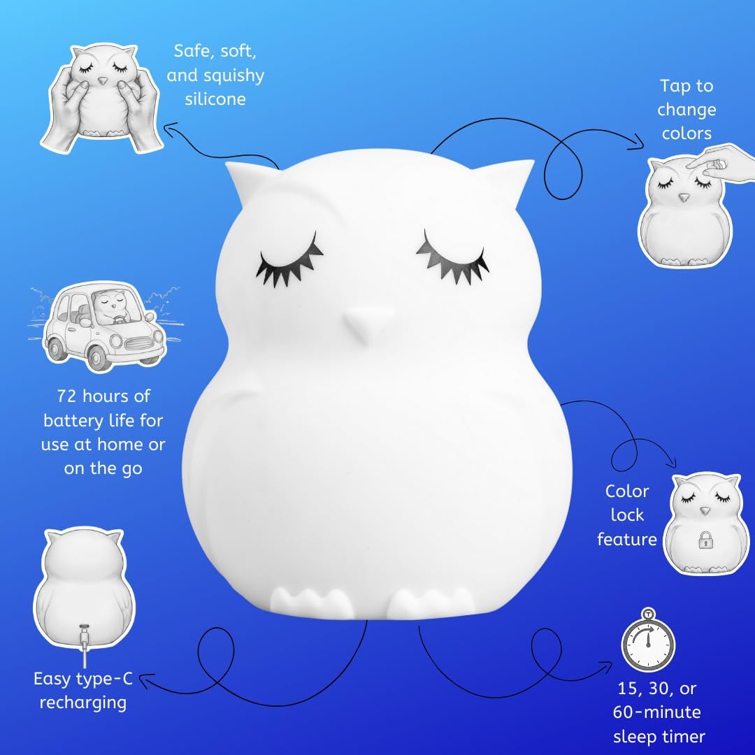 Charming Owl Squishy Night Light for Kids - Color Changing Silicone Lamp with Remote Control | Rechargeable, Portable & Perfect for Nurseries