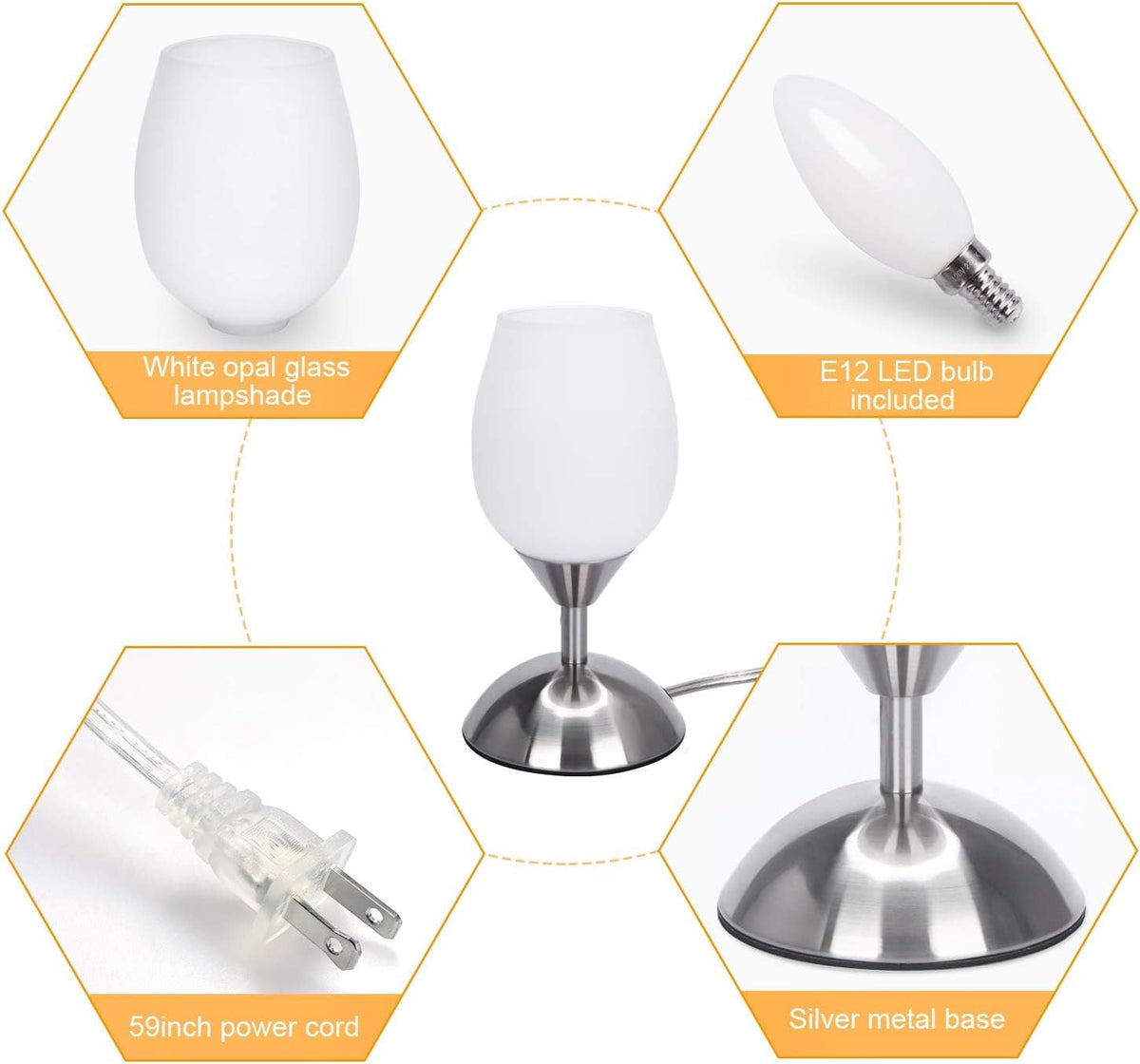 Chic Small Touch Lamp for Nightstands - 3-Way Dimmable Opal Glass Table Lamp with Silver Base - Perfect Ambient Lighting for Small Spaces in Bedroom, Living Room, and Office - E12 LED Bulb Included