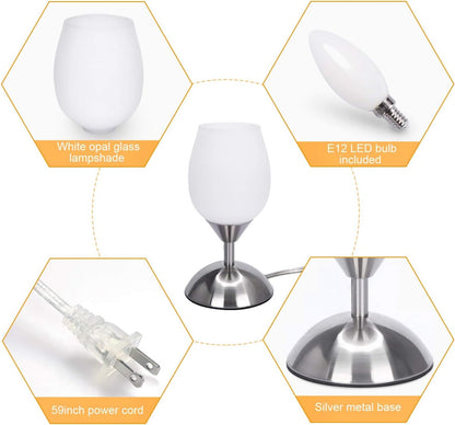 Chic Small Touch Lamp for Nightstands - 3-Way Dimmable Opal Glass Table Lamp with Silver Base - Perfect Ambient Lighting for Small Spaces in Bedroom, Living Room, and Office - E12 LED Bulb Included