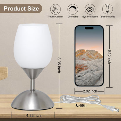 Chic Small Touch Lamp for Nightstands - 3-Way Dimmable Opal Glass Table Lamp with Silver Base - Perfect Ambient Lighting for Small Spaces in Bedroom, Living Room, and Office - E12 LED Bulb Included