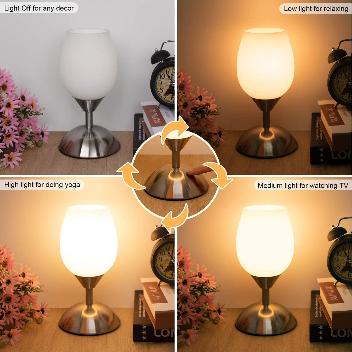 Chic Small Touch Lamp for Nightstands - 3-Way Dimmable Opal Glass Table Lamp with Silver Base - Perfect Ambient Lighting for Small Spaces in Bedroom, Living Room, and Office - E12 LED Bulb Included