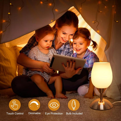 Chic Small Touch Lamp for Nightstands - 3-Way Dimmable Opal Glass Table Lamp with Silver Base - Perfect Ambient Lighting for Small Spaces in Bedroom, Living Room, and Office - E12 LED Bulb Included