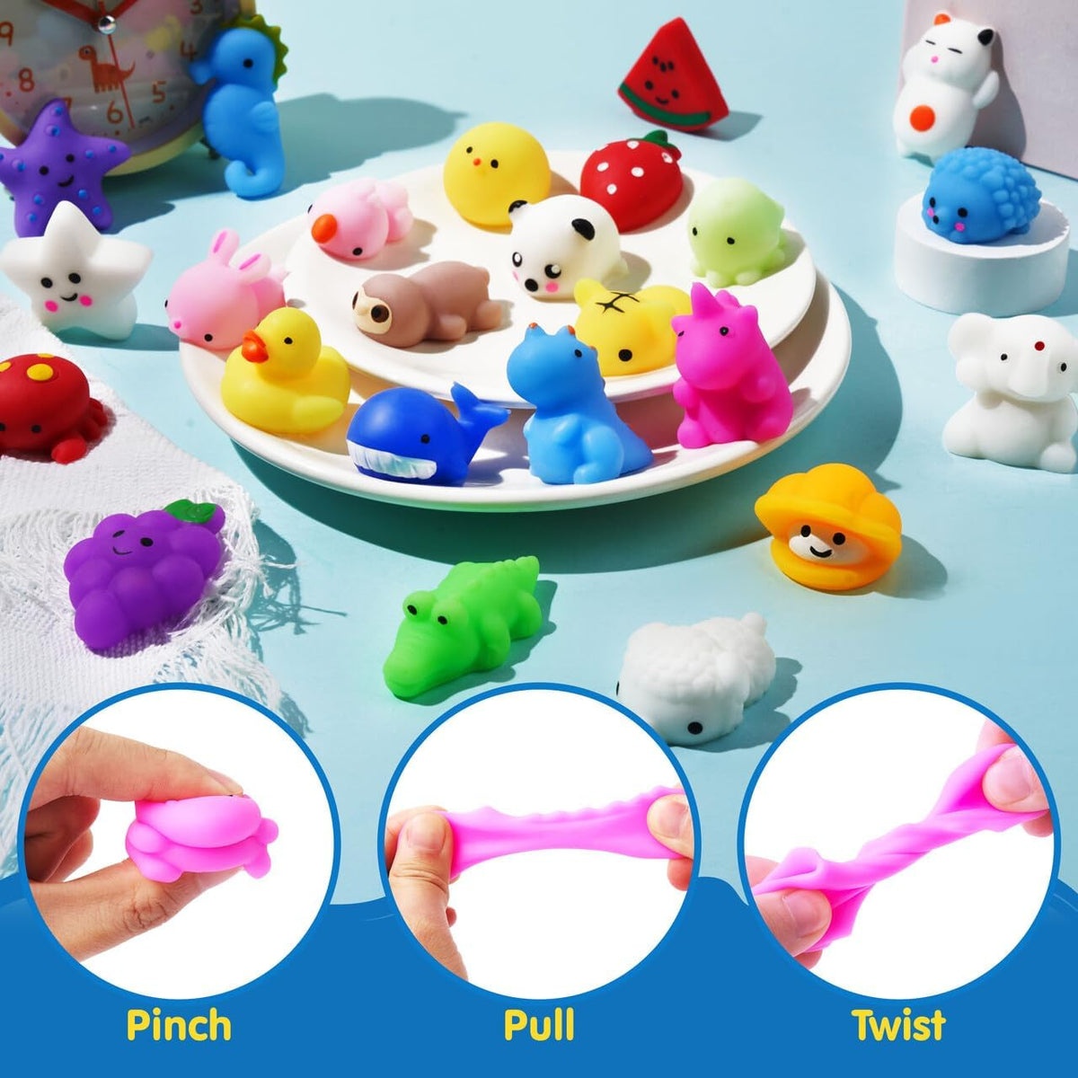 Exciting 50-Pack Mochi Squishy Toy Set - Adorable Mini Stress Relief Toys for Kids, Perfect Party Favors and Classroom Prizes!