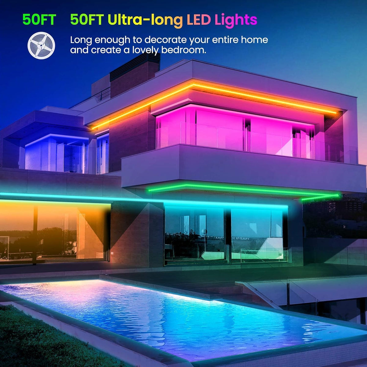 Transform Your Space with 50 FT Color Changing LED Strip Lights - Bluetooth Controlled, Music Sync, and Remote Access for Ultimate Ambiance