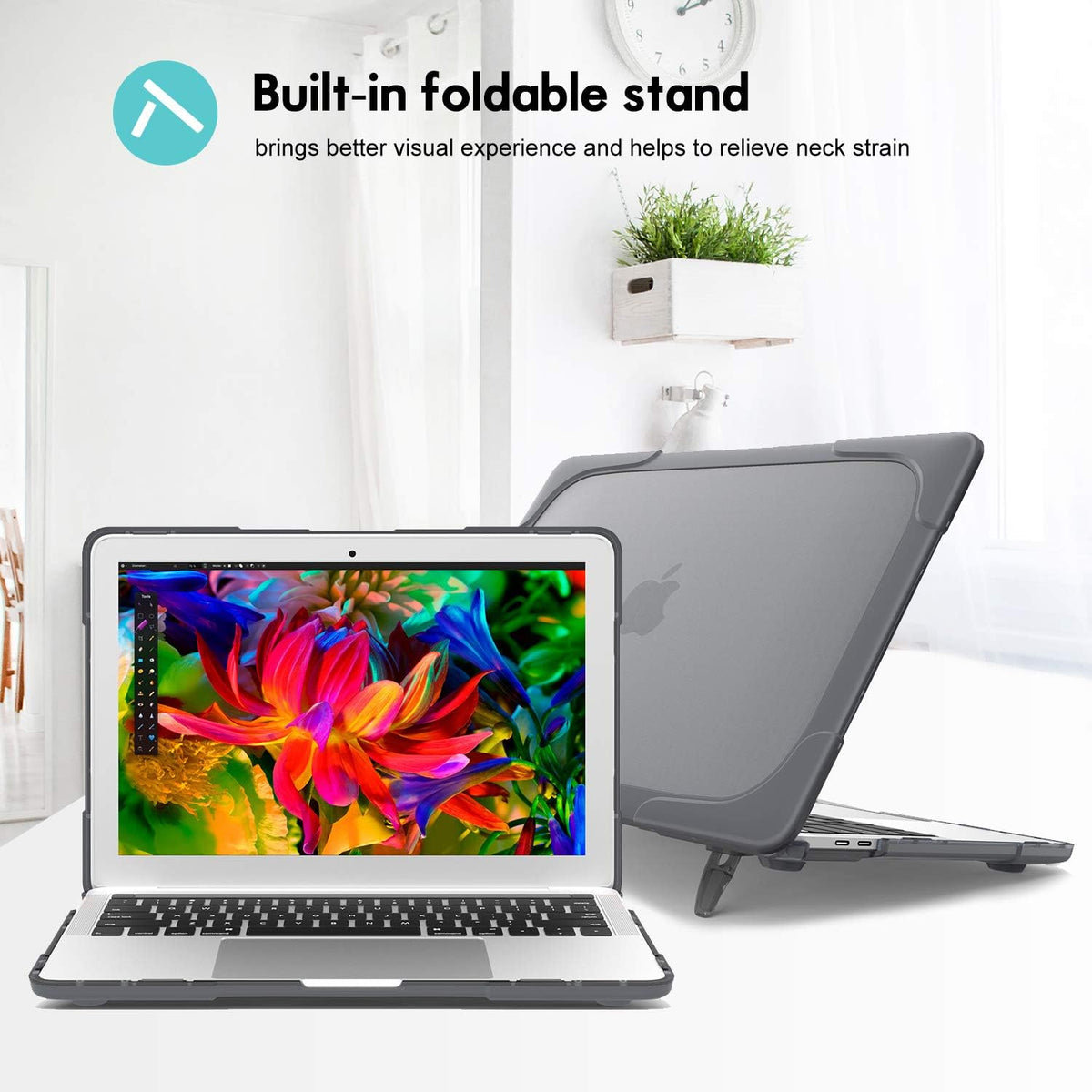 Premium Grey Fold Kickstand Case for MacBook Air 13" (2020/2019/2018) - Heavy Duty Protection with Slim Hard Shell Design for M1 & Intel Models