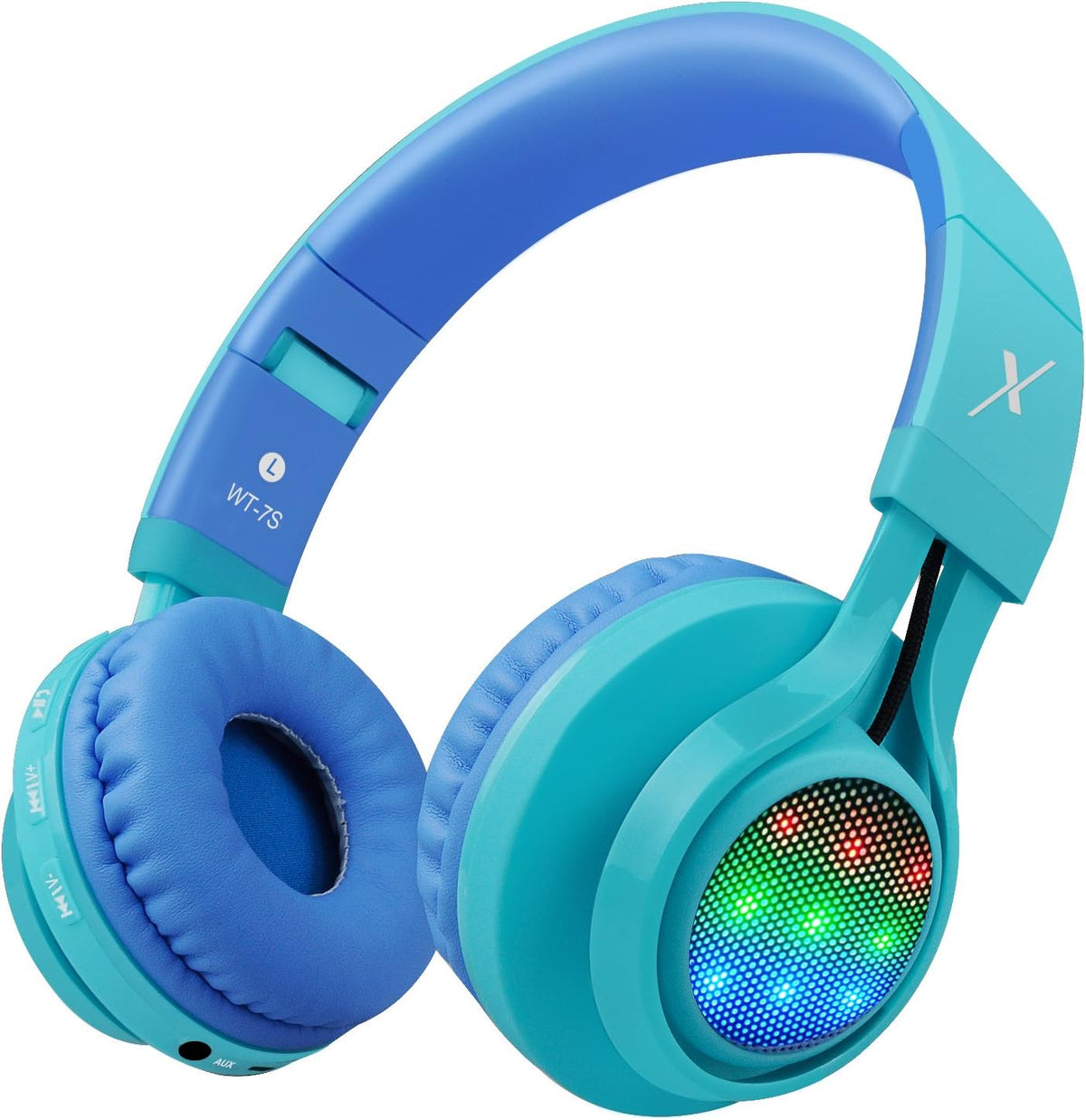 WT-7S Kids Bluetooth Headphones - Colorful LED Light-Up Wireless Foldable Stereo Headset with Microphone & Volume Control for PC, Tablet, TV & Travel (Blue)
