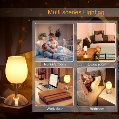 Chic Small Touch Lamp for Nightstands - 3-Way Dimmable Opal Glass Table Lamp with Silver Base - Perfect Ambient Lighting for Small Spaces in Bedroom, Living Room, and Office - E12 LED Bulb Included