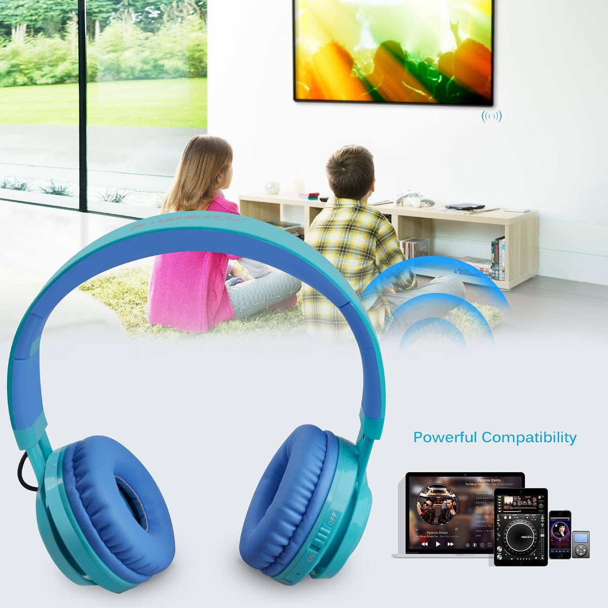 WT-7S Kids Bluetooth Headphones - Colorful LED Light-Up Wireless Foldable Stereo Headset with Microphone & Volume Control for PC, Tablet, TV & Travel (Blue)