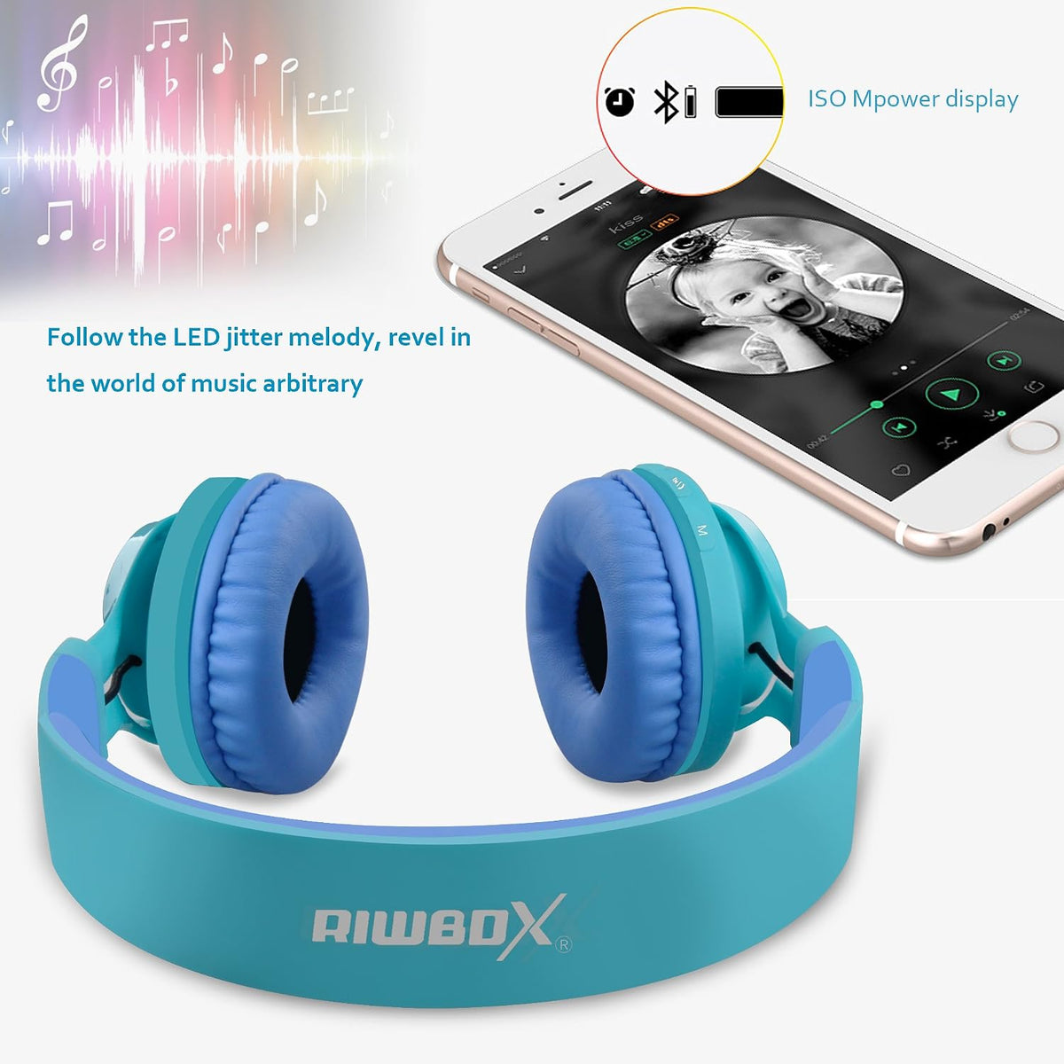WT-7S Kids Bluetooth Headphones - Colorful LED Light-Up Wireless Foldable Stereo Headset with Microphone & Volume Control for PC, Tablet, TV & Travel (Blue)