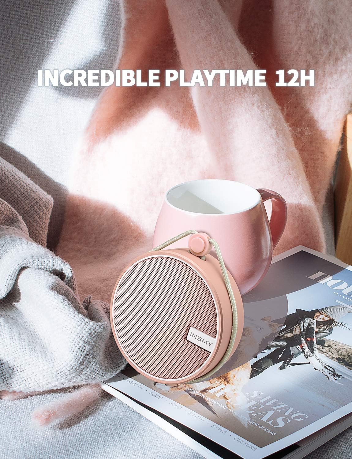 C12 IP67 Waterproof Bluetooth Shower Speaker - Portable, Loud & Clear Sound in Cashmere Pink | Perfect for Outdoor Adventures, Travel & Parties with Suction Cup & TF Card Support