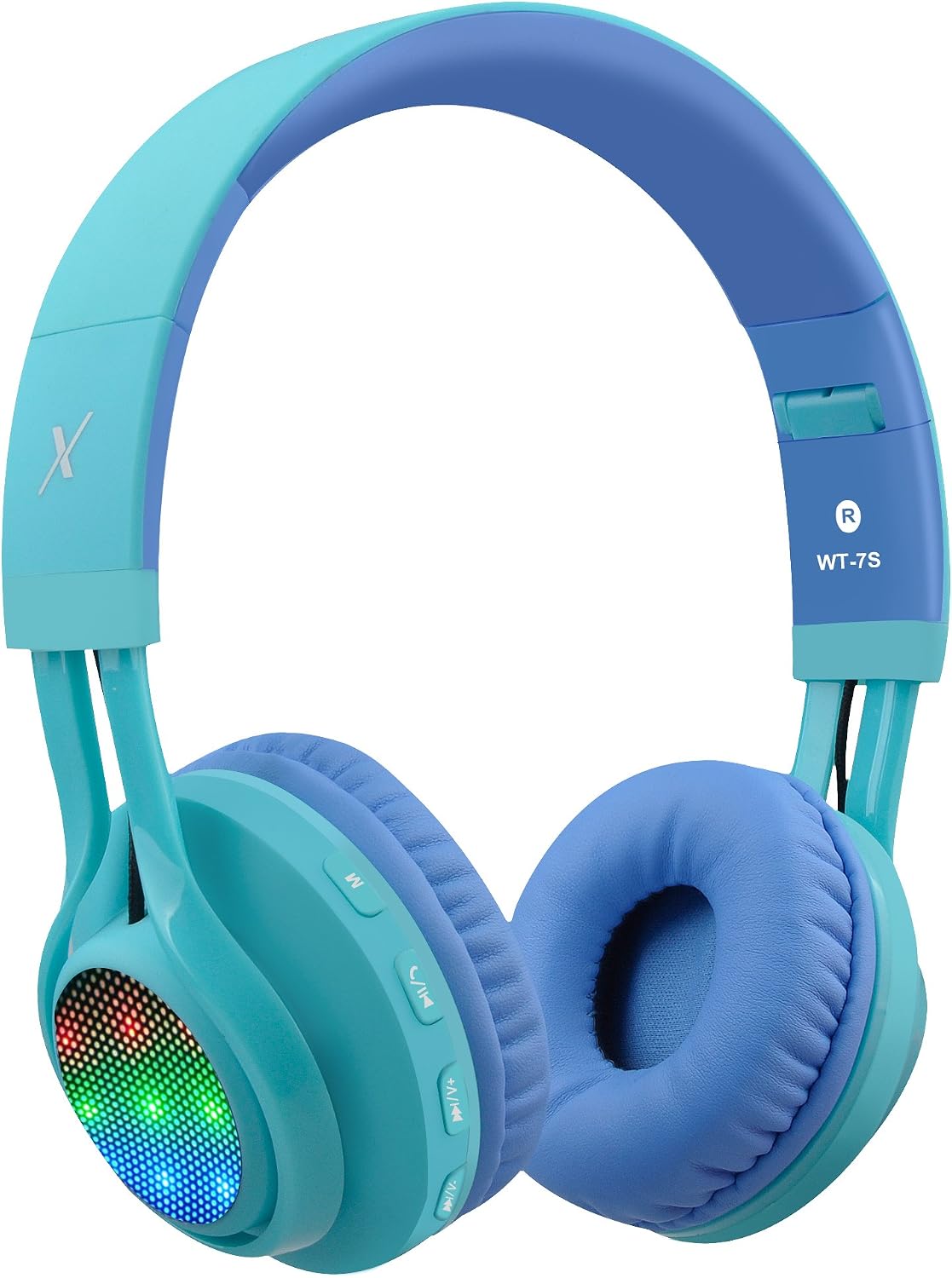 WT-7S Kids Bluetooth Headphones - Colorful LED Light-Up Wireless Foldable Stereo Headset with Microphone & Volume Control for PC, Tablet, TV & Travel (Blue)
