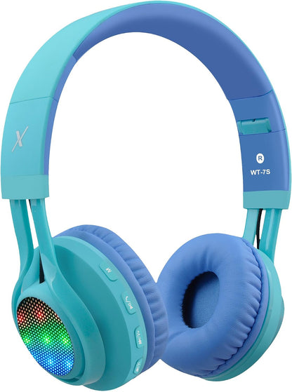 WT-7S Kids Bluetooth Headphones - Colorful LED Light-Up Wireless Foldable Stereo Headset with Microphone & Volume Control for PC, Tablet, TV & Travel (Blue)