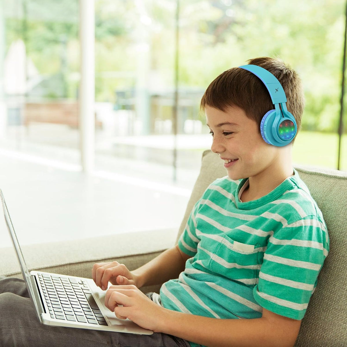 WT-7S Kids Bluetooth Headphones - Colorful LED Light-Up Wireless Foldable Stereo Headset with Microphone & Volume Control for PC, Tablet, TV & Travel (Blue)