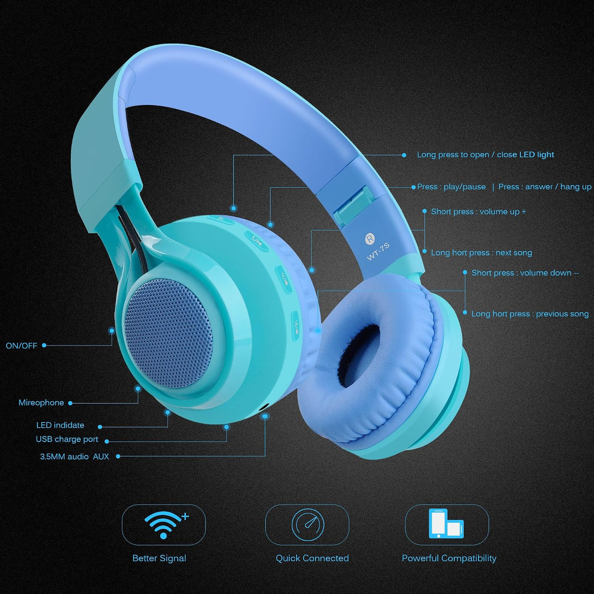 WT-7S Kids Bluetooth Headphones - Colorful LED Light-Up Wireless Foldable Stereo Headset with Microphone & Volume Control for PC, Tablet, TV & Travel (Blue)
