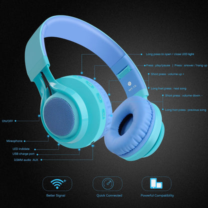 WT-7S Kids Bluetooth Headphones - Colorful LED Light-Up Wireless Foldable Stereo Headset with Microphone & Volume Control for PC, Tablet, TV & Travel (Blue)