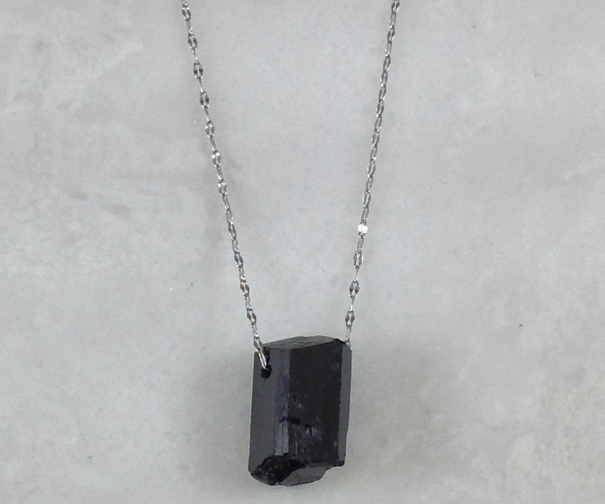 Black Tourmaline Rough Pendant, Freeform Natural Stone, 1-Piece