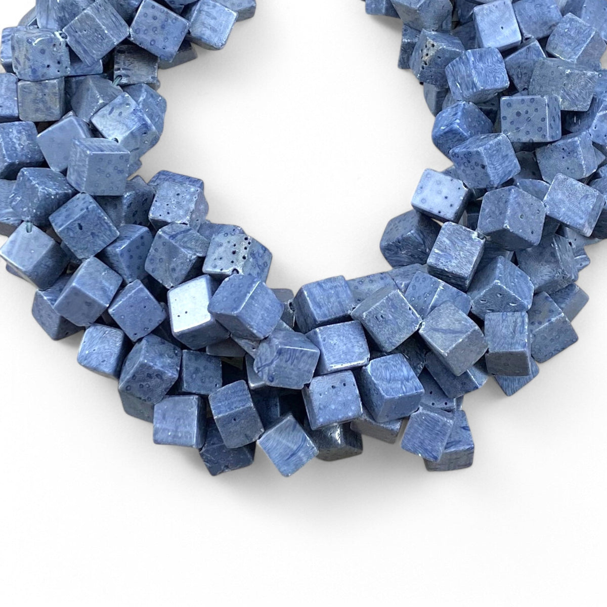 Natural Blue Coral Side-Hole Cube Bead Strand, 8-9 mm or 12-13 mm