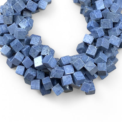 Natural Blue Coral Side-Hole Cube Bead Strand, 8-9 mm or 12-13 mm