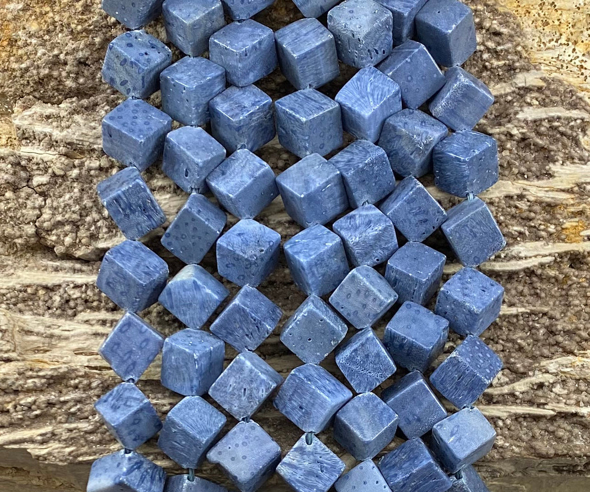 Blue Coral Side-Hole Cube Bead Strand, 8-9 or 12-13 mm