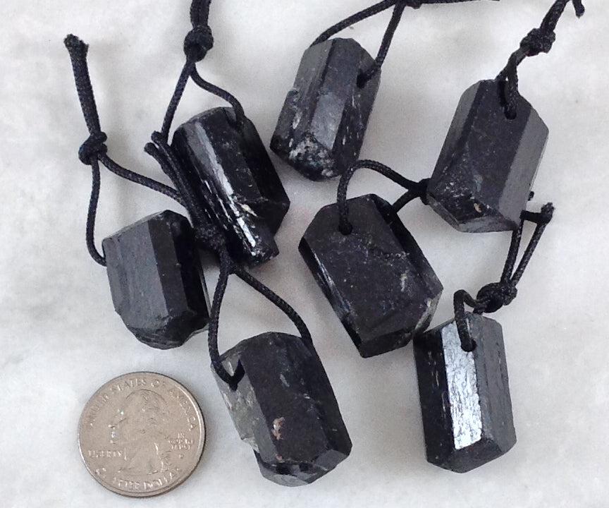 Black Tourmaline Rough Pendant, Freeform Natural Stone, 1-Piece