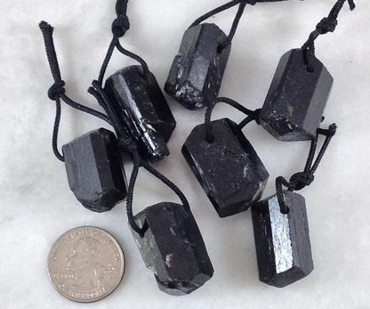 Black Tourmaline Rough Pendant, Freeform Natural Stone, 1-Piece