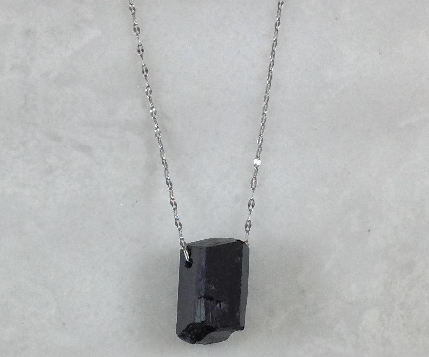 Black Tourmaline Rough Pendant, Freeform Natural Stone, 1-Piece