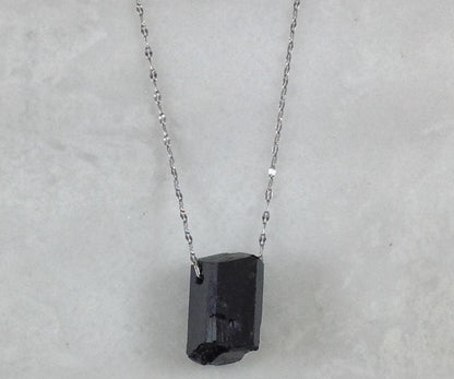 Black Tourmaline Rough Pendant, Freeform Natural Stone, 1-Piece